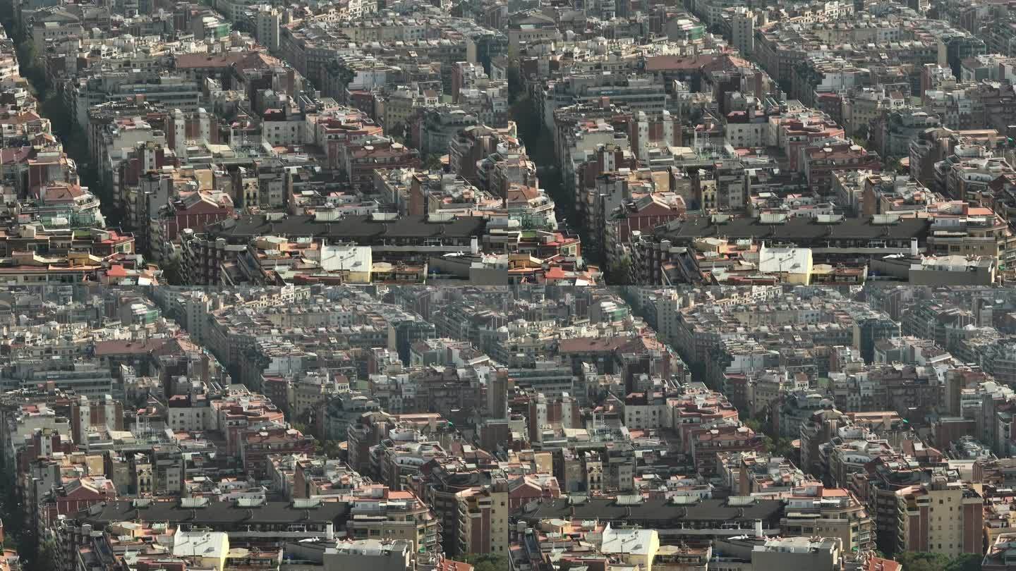 白天巴塞罗那市中心著名的生活街区航拍全景4k西班牙