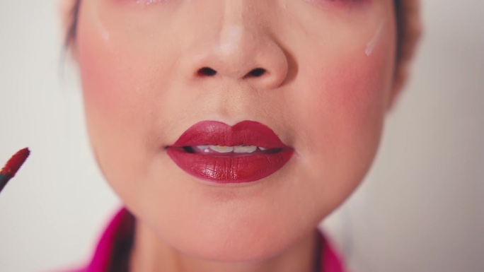 一个美丽的亚洲女人正在梳妆台前画眼线，涂红口红