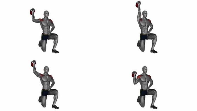 壶铃半跪肩按健身运动锻炼动画男性肌肉突出演示4K分辨率60 fps