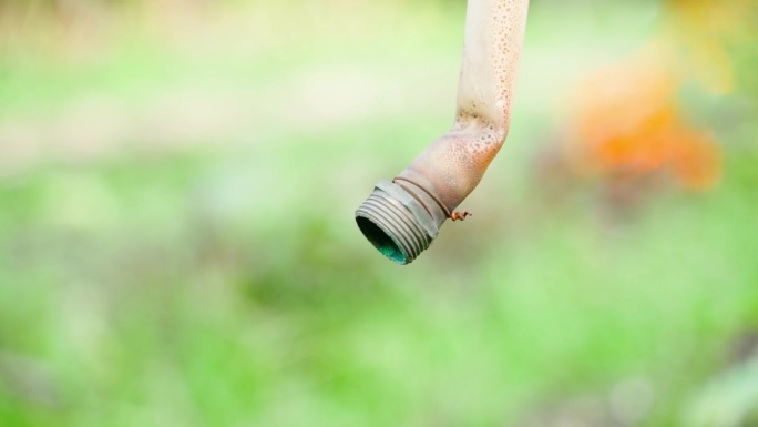 一个旧塑料软管的特写，带有螺纹连接和挤压弯曲。过热塑料管