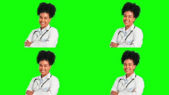 医生，双臂交叉，医学绿屏上的女医生，自信和赋权。快乐，微笑和健康的女性肖像在工作室背景的模型，信任或