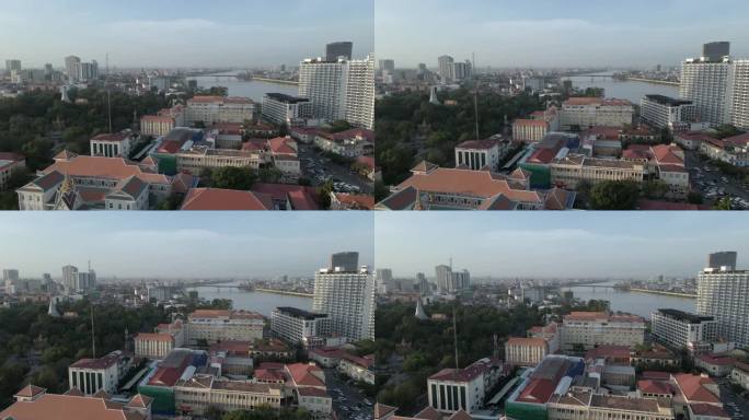 低空飞行在柬埔寨金边的政府办公大楼上空
