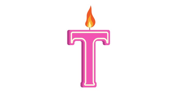 T形节日蜡烛，字母T，字母蜡烛，生日快乐，节日蜡烛，周年纪念，阿尔法通道