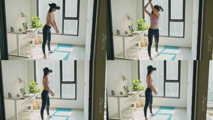 中国年轻女性在家中客厅戴上VR头戴式耳机练习模拟高尔夫游戏手机应用
