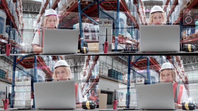 智能仓库管理系统概念:女职工用未来感的动画效果展示了每个单元与物流中心的在线连接。