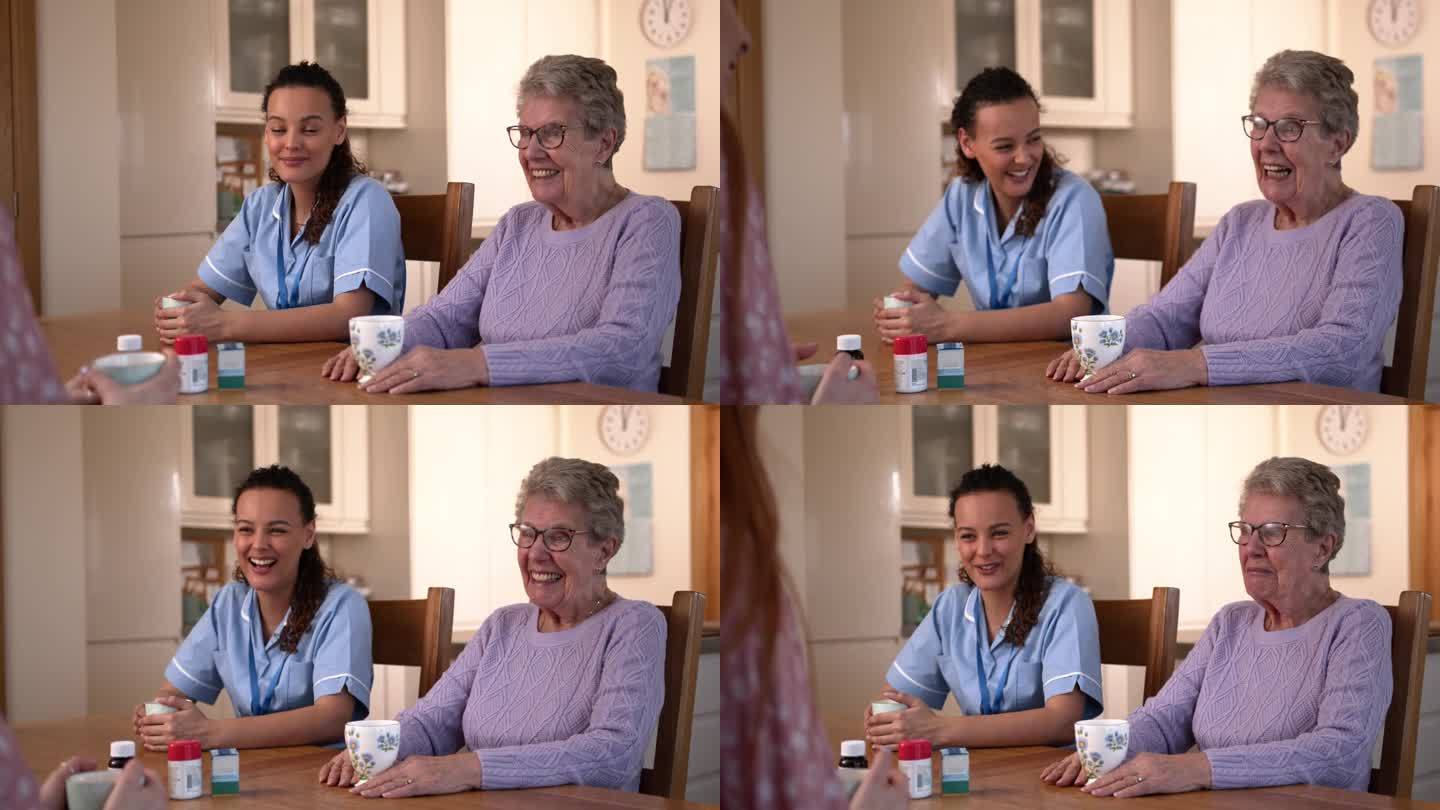 家庭护理护士与祖母和孙女会面