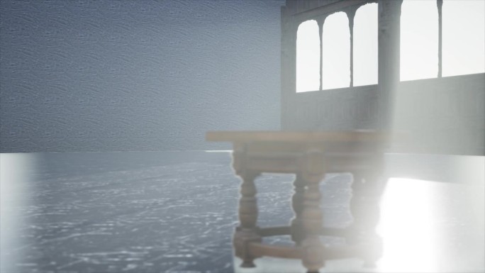 电影般的超现实3d渲染镜头，一个大厅里的桌子，阳光从窗户射进来，一个皇家城堡的建筑设计理念。大厅里一