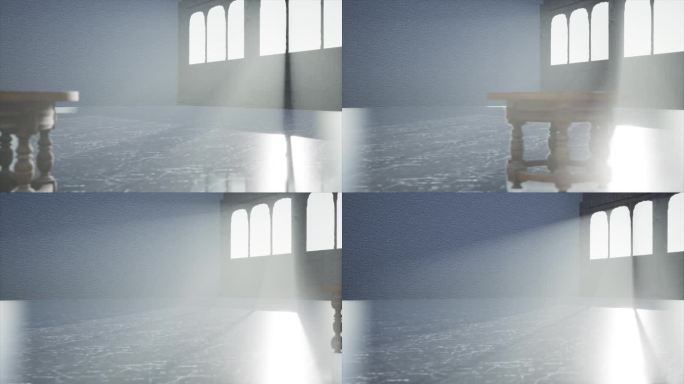 电影般的超现实3d渲染镜头，一个大厅里的桌子，阳光从窗户射进来，一个皇家城堡的建筑设计理念。大厅里一