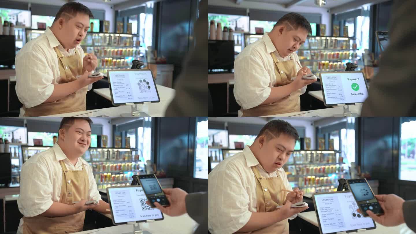 一位顾客在超市买了一杯美味的咖啡，用智能手机付钱给一位亚洲残疾青年。非接触式支付。申请网上银行付款。