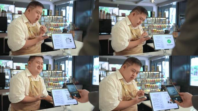 一位顾客在超市买了一杯美味的咖啡，用智能手机付钱给一位亚洲残疾青年。非接触式支付。申请网上银行付款。