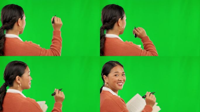 亚洲女性，老师，在绿色的屏幕上用笔写字，或者在演播室背景下的课堂模型。快乐女性的肖像，为问题、学习或