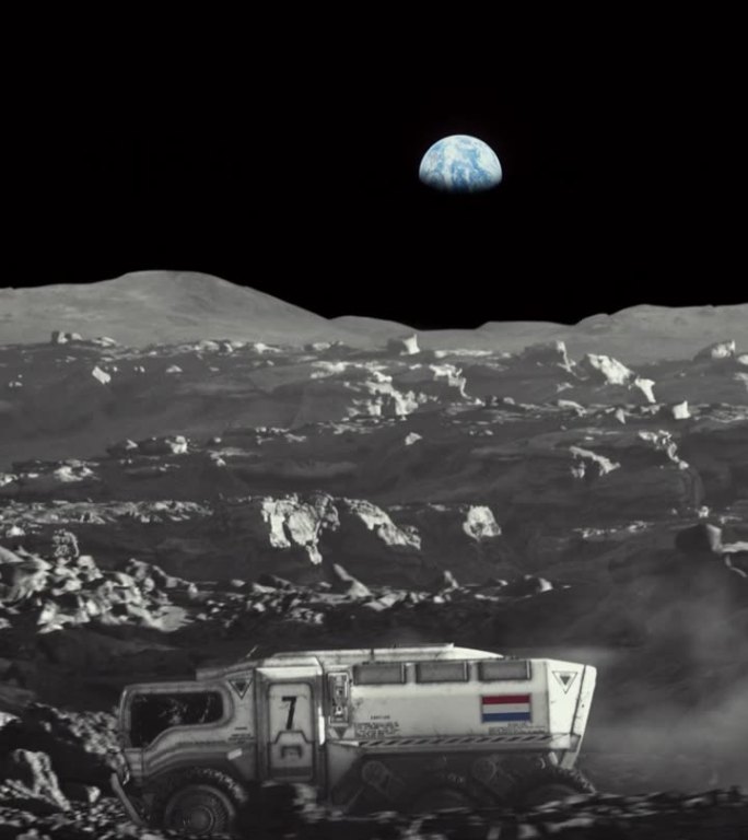 月球的太空殖民。放大带荷兰国旗的月球车探索月球表面的垂直视频