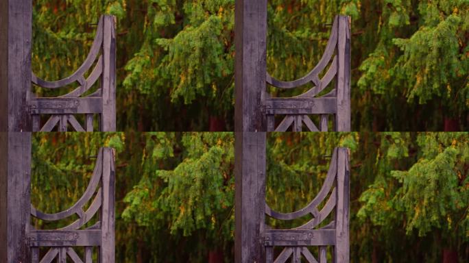 一个美丽的木门，背后是郁郁葱葱的树木