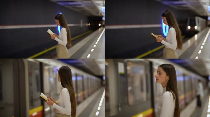 地铁进站时，一位年轻漂亮的长发女子站在地铁站看书，合上书进了车。