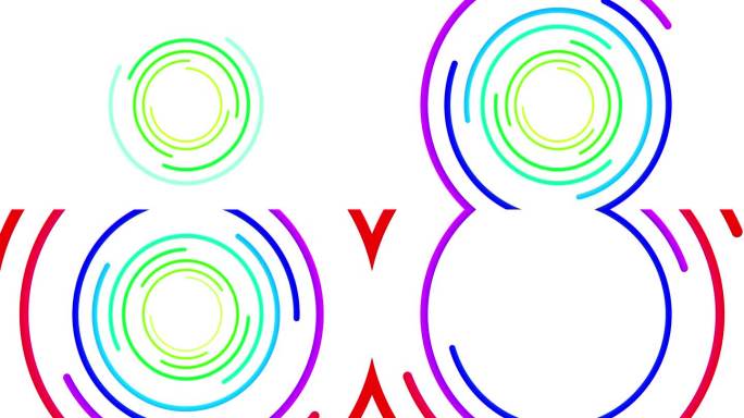 彩虹色的同心圆笔画在白色的背景上生长。4K循环动画