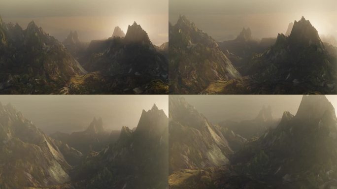 3d渲染神秘的山脉和旋转的雾