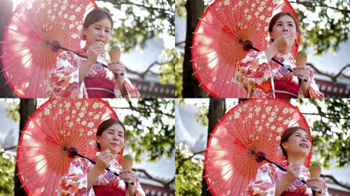 穿着和服的日本妇女正在吃冰淇淋