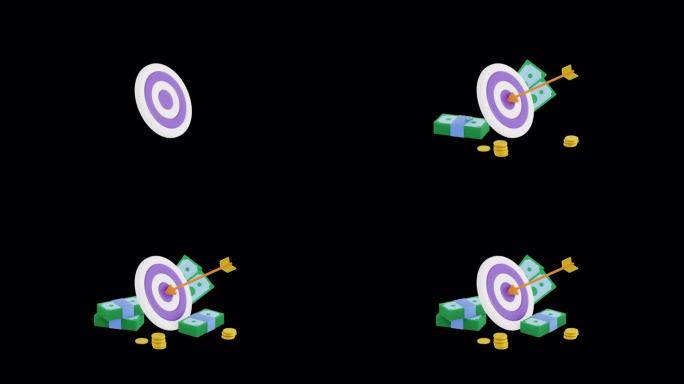 目标3d动画用箭头击中中心。业务挑战，成功，目标策略和目标实现概念。射箭运动，目标市场，钱，硬币，美
