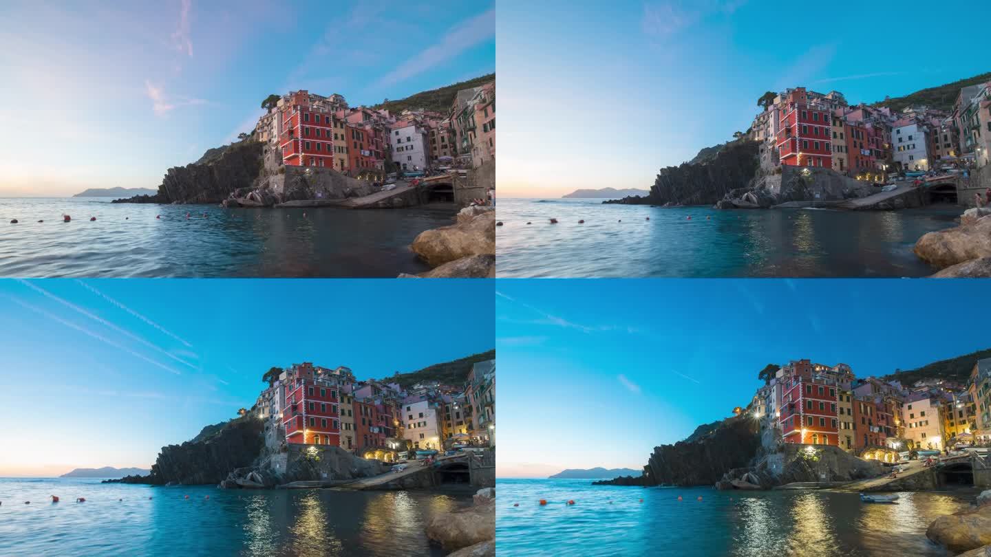 日落Riomaggiore的时间流逝彩色悬崖边小镇五渔村，意大利