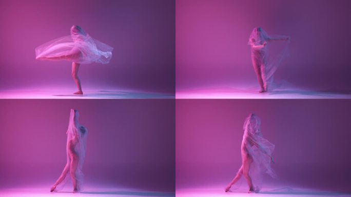 优雅的艺术家。美丽的年轻芭蕾舞女演员在霓虹灯下跳舞，透明的面纱对抗渐变的粉红色紫色工作室背景