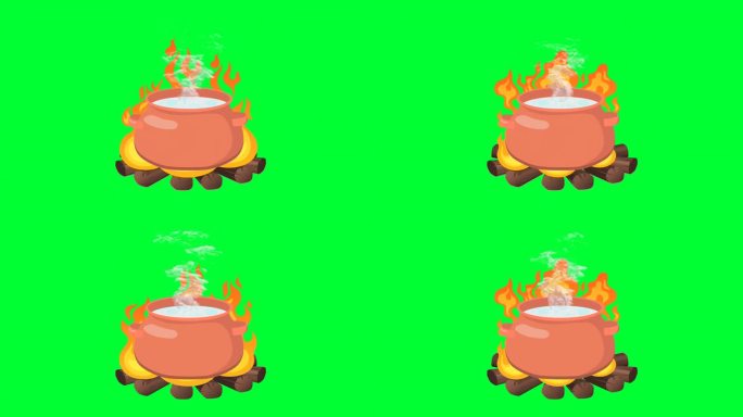 卡通篝火与锅烹饪菜上升蒸汽动画绿屏幕。陶罐做饭饭火焰燃烧柴火陶器炉子。食物在锅中烹饪和沸腾的温度很高
