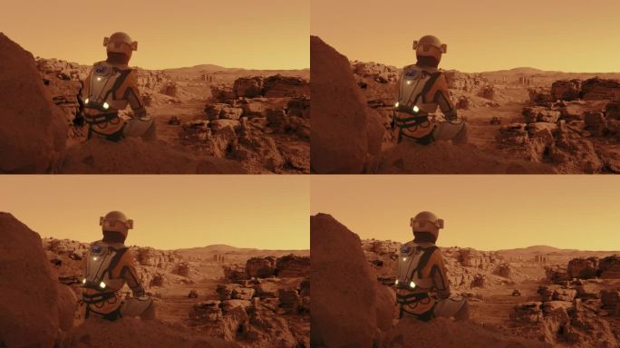 佩戴澳大利亚国旗的宇航员。独自坐在火星表面