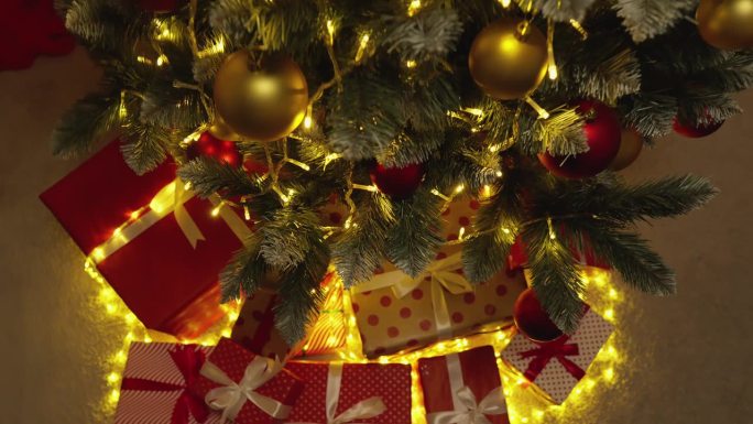 圣诞夜的魔力:圣诞树的构图，充满了神秘感和节日精神，透出真正的圣诞气息。一份珍贵的礼物:一棵圣诞树的
