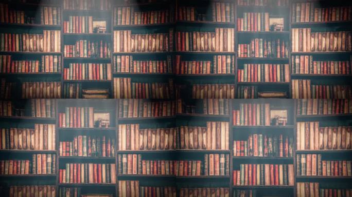 棕色书籍的书架档案复古图书馆。变焦