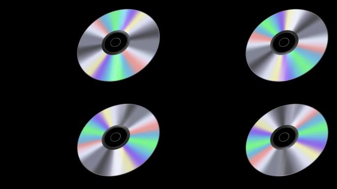 3d光盘旋转黑色背景。三维DVD光盘与闪亮的颜色。阿尔法频道，靠近。