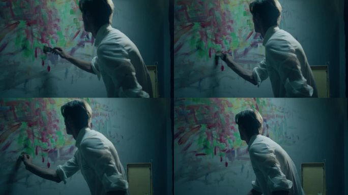 有吸引力的艺术家在他的艺术工作室的墙上做当代绘画，他拿起画笔，在画上添加了一些油画色彩