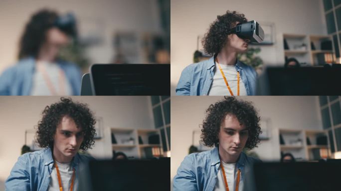 IT专家在头戴设备上测试VR游戏，增强现实游戏设计师