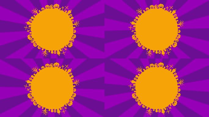 万圣节剪影圆形框架插图和旋转太阳爆发背景视频(橙色，紫色)