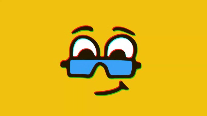 搞笑脸表情符号与眼镜与故障效果在黄色背景，卡通脸表情动画，表情符号运动图形。