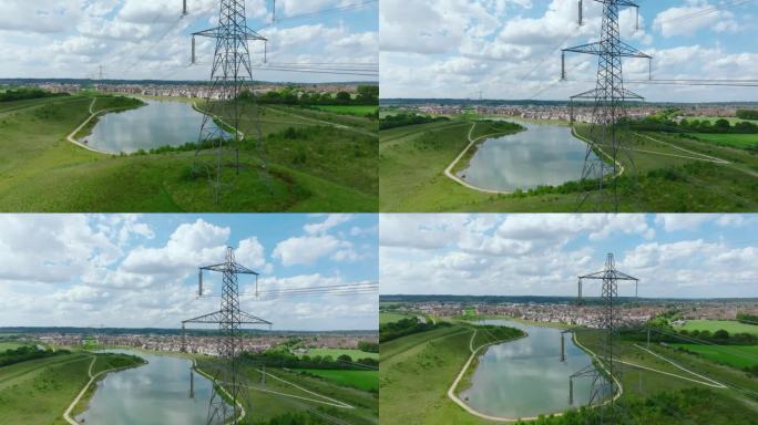 无人机拍摄的电线杆在英国郊区的景观