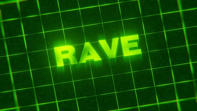 3D渲染动画的单词“RAVE”隔离在绿色的网络背景