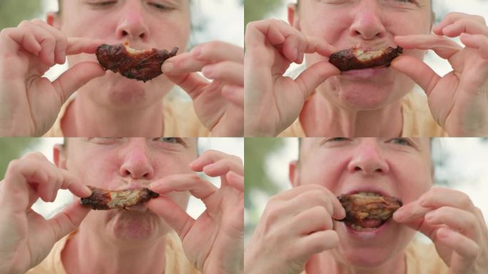 吃炸鸡翅的女人外国人吃烤翅特写视频素材