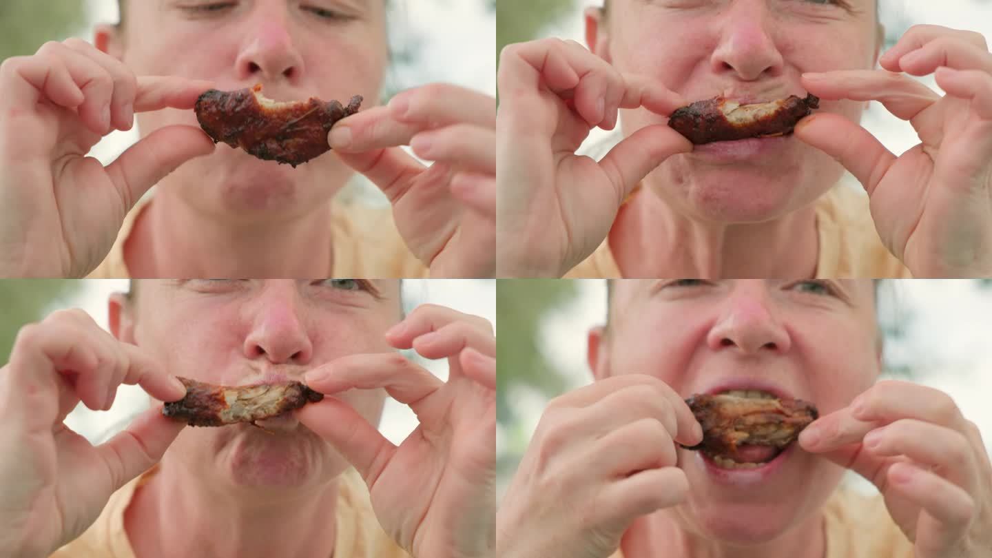 吃炸鸡翅的女人外国人吃烤翅特写视频素材