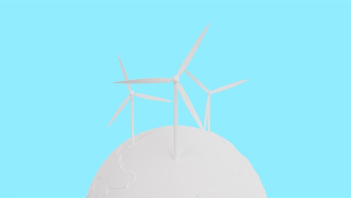 三维动画卡通白色风车在地球上。4 k