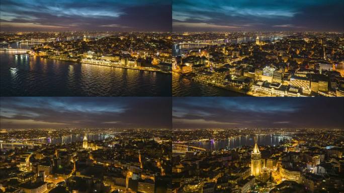 飞越灯火通明的建筑物和街道。加拉塔博物馆夜光闪烁。大都市的晚间超延时拍摄。土耳其伊斯坦布尔