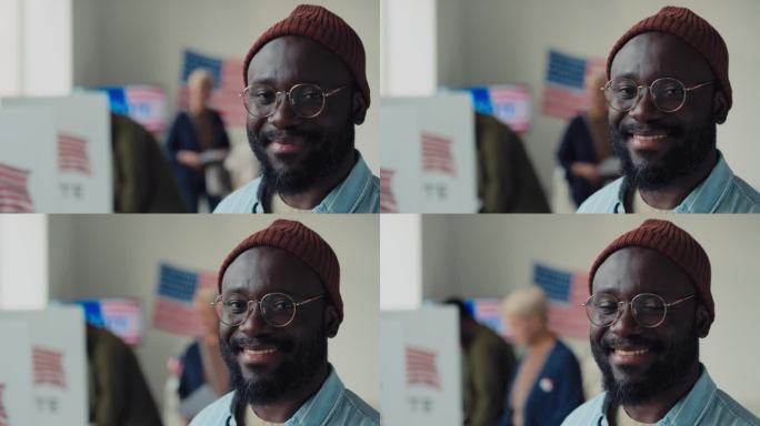 选举日，戴着无边帽的黑人男子在投票站的肖像