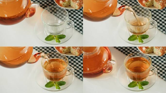 杯顶视图中的红茶。热茶加薄荷特写，健康的早晨，排毒草药饮料。