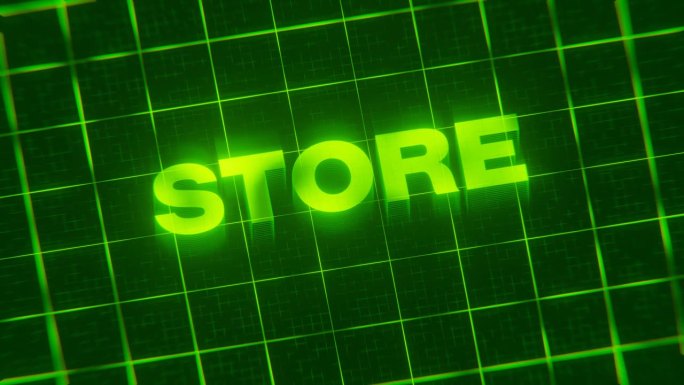 “STORE”这个词的3D渲染动画被隔离在绿色的网络背景上