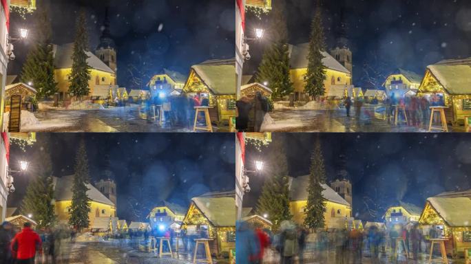 在下雪的节日圣诞市场上，人们走在动态模糊中