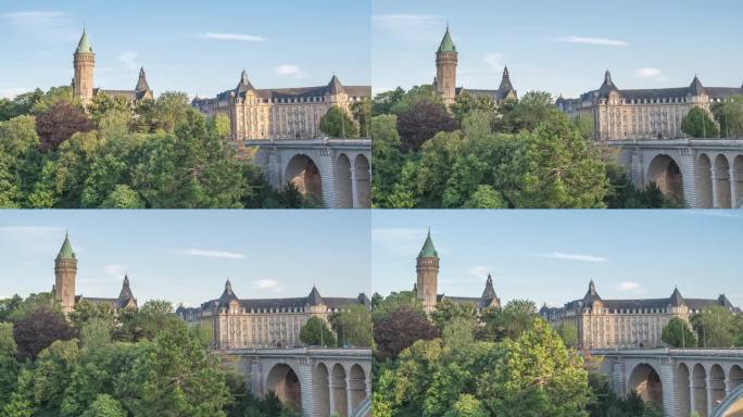 卢森堡大公国4K延时拍摄，阿道夫桥的城市天际线延时拍摄