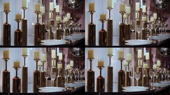 豪华餐厅宴会桌摆设宴会餐餐具。移动摄像机镜头。近距离