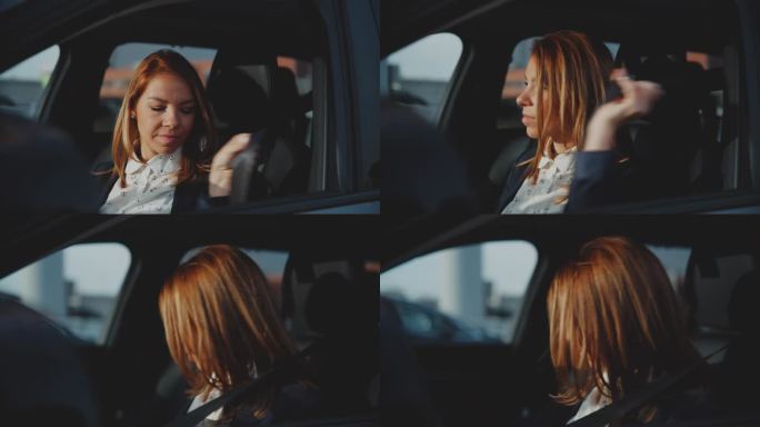 慢镜头:女人在停着的车窗上系上安全带