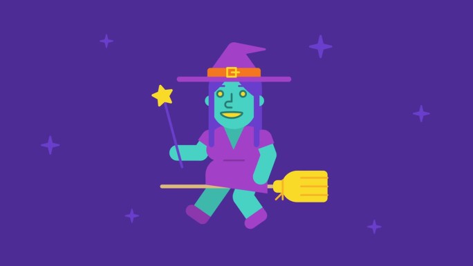 构图快乐的万圣节可爱的女巫飞在扫帚上，拿着魔杖选项二。视频贺卡