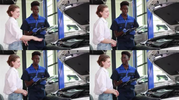 汽车建议:机械师在汽车修理厂向顾客解释汽车的特点-专家汽车维修和检查