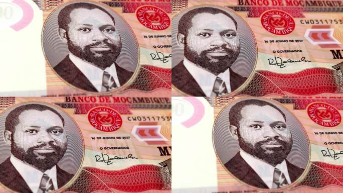 莫桑比克100张纸币，100张莫桑比克纸币，莫桑比克纸币的特写和宏观视图，跟踪和多利拍摄100张莫桑