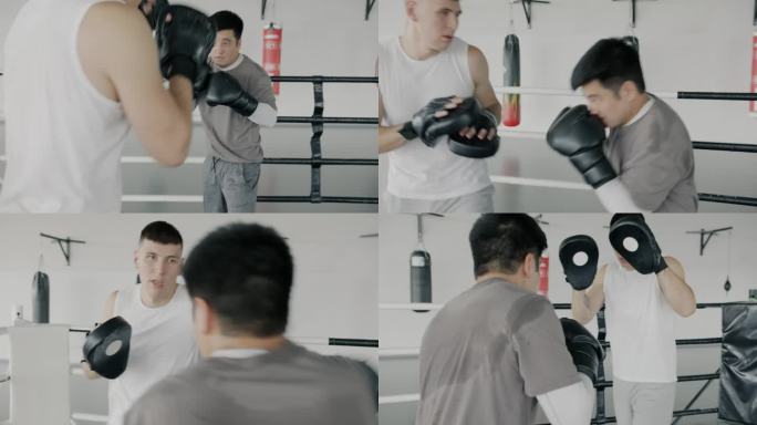 在体育中心，年轻的亚洲拳手在教练的指导下学习动作